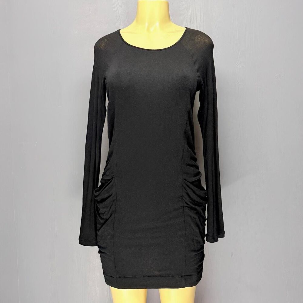 BCBGMAXAZRIA Black Ruched Dress S | Modal Jersey | Side Pockets | Long Sleeve